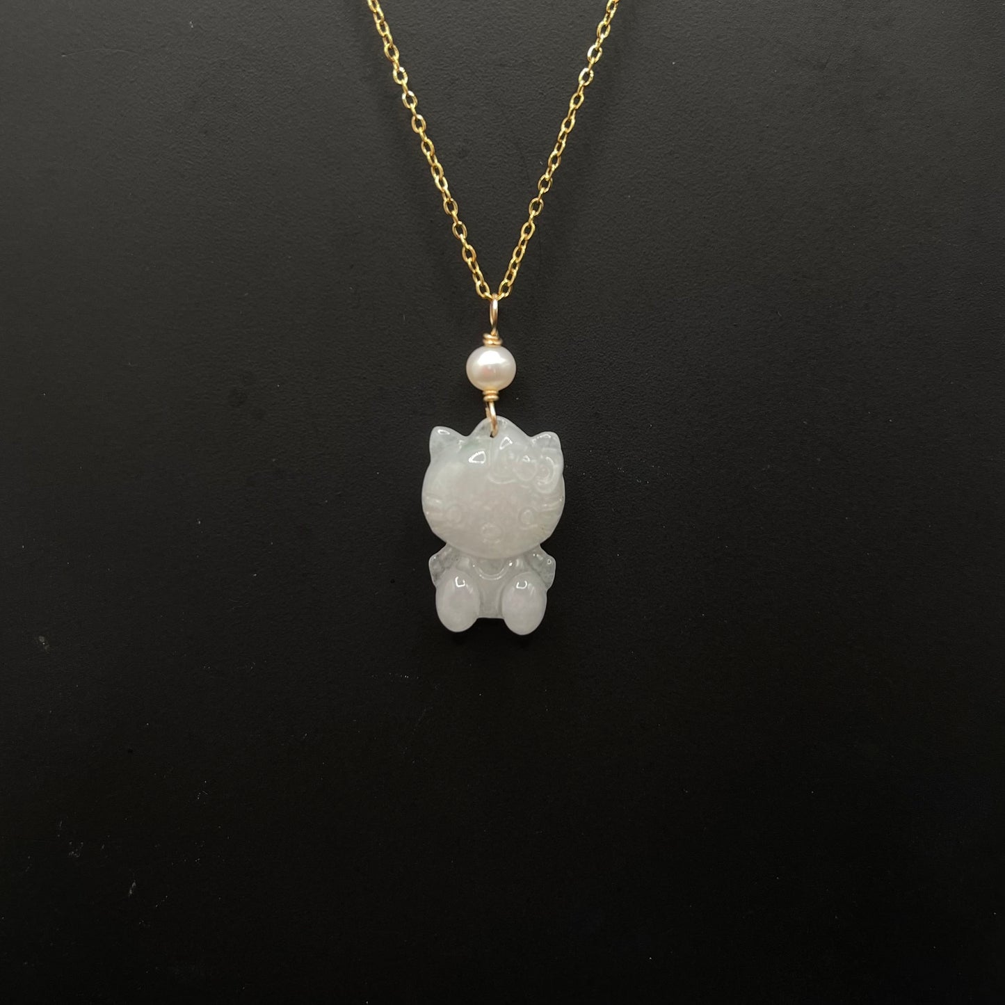 Jade Hello Kitty with White Freshwater Pearl Necklace