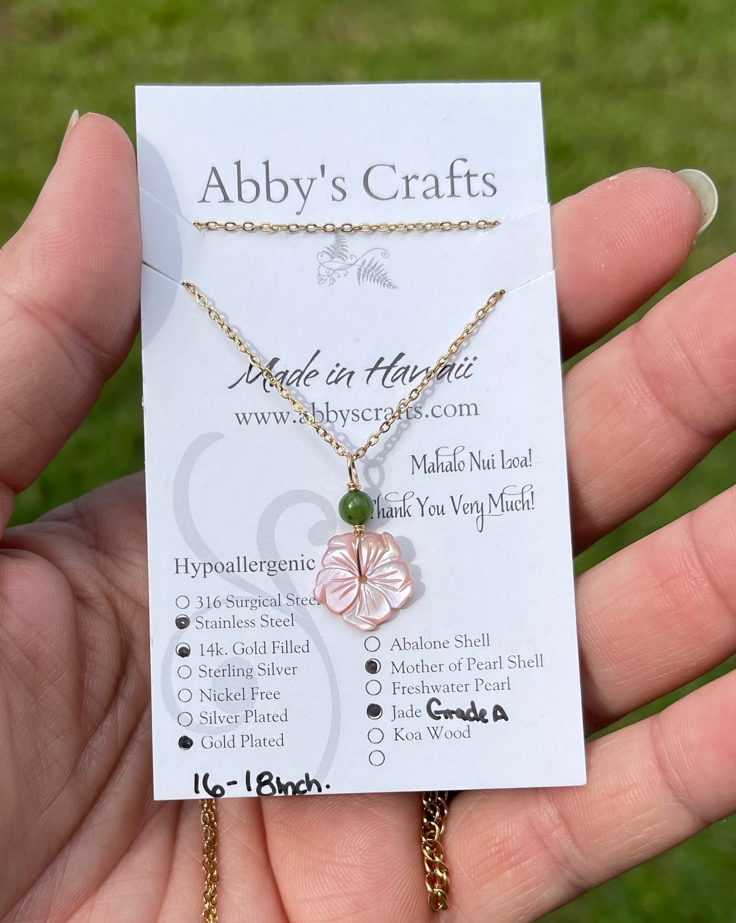 Pink Hibiscus flower with green jade Gold Necklace