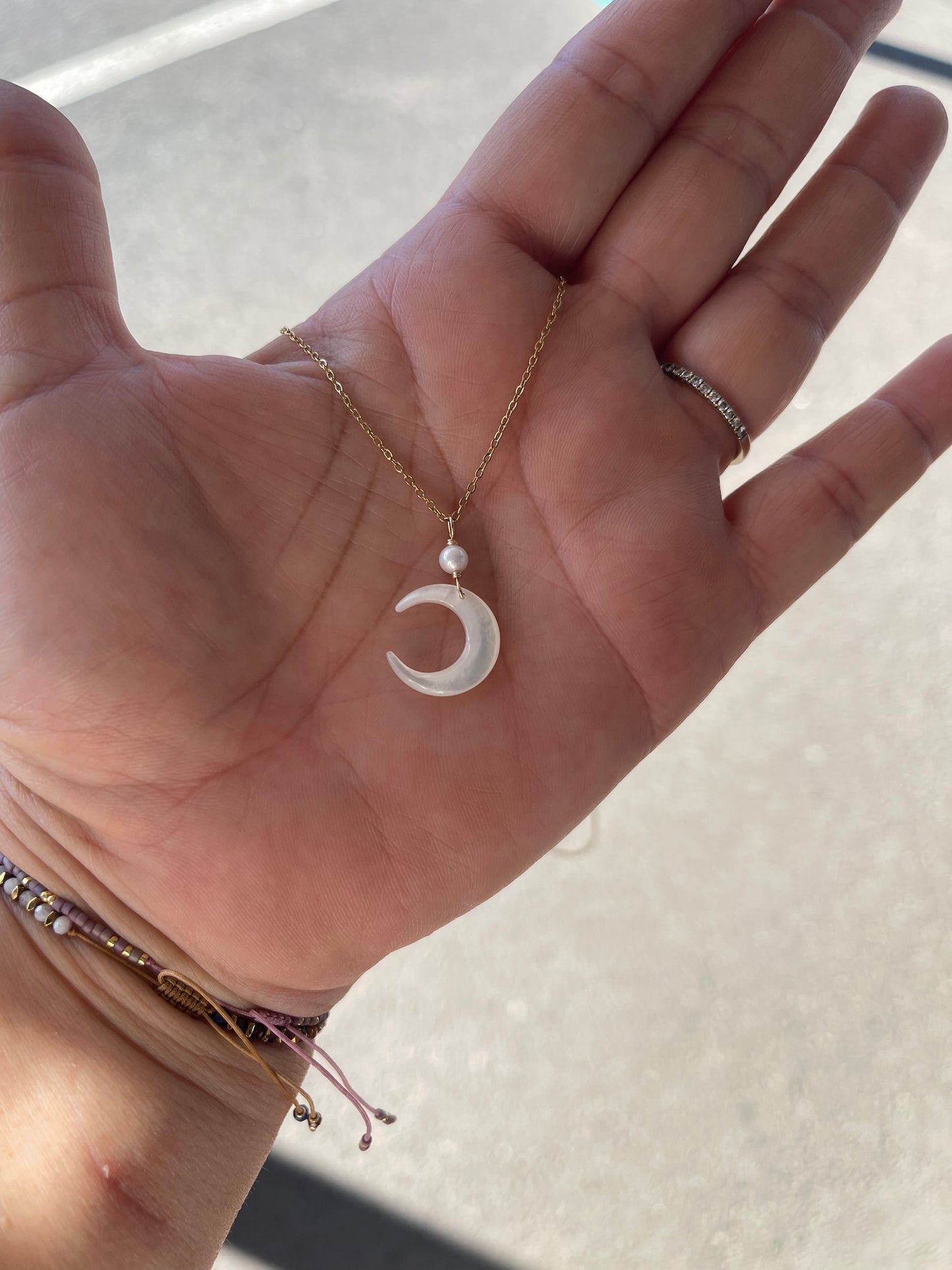 Moon White Mother of Pearl Shell with white Freshwater pearl Gold Necklace