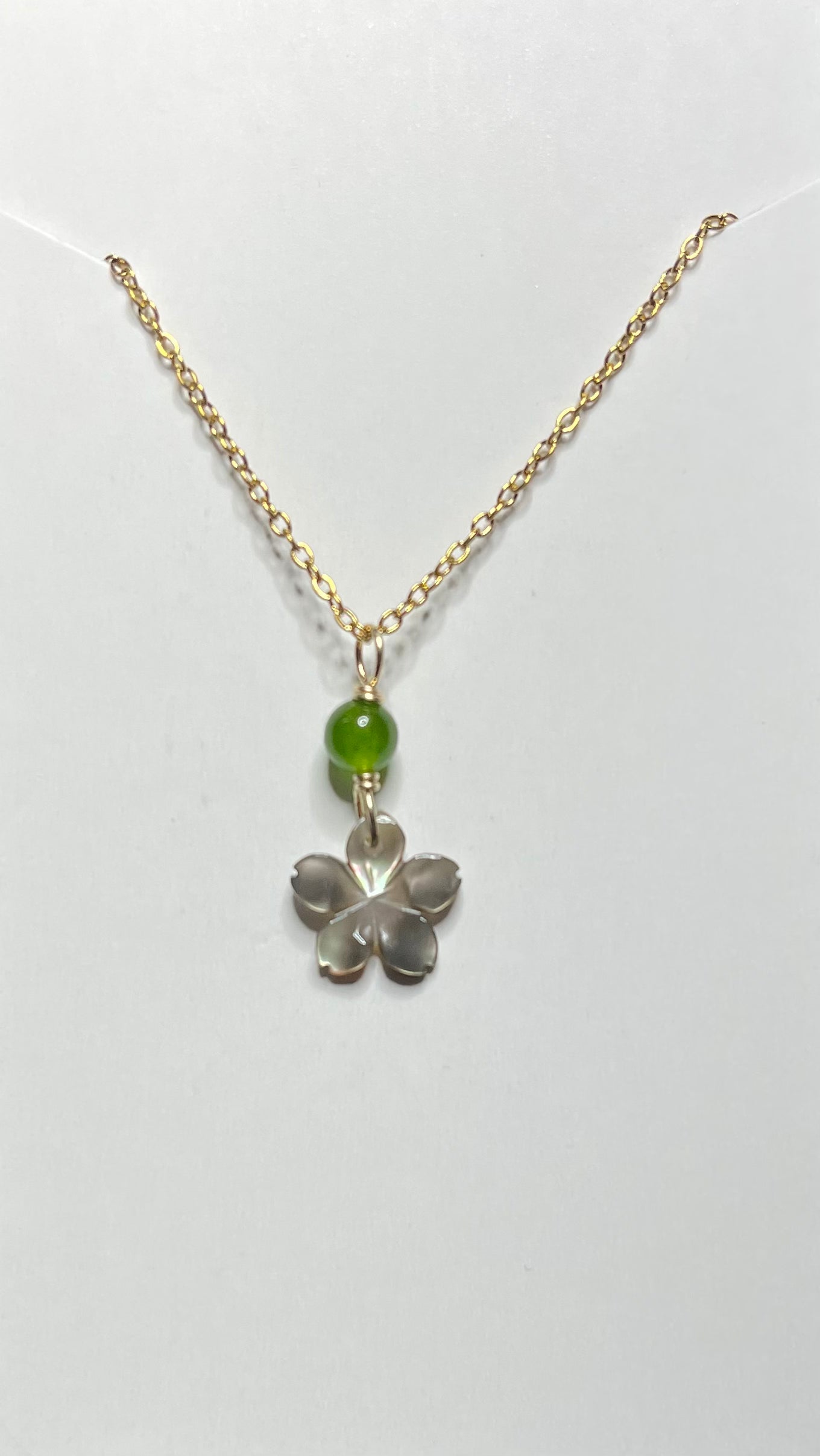 Black Lip MOP Shell Plumeria Flower with Green Jade Necklace Gold