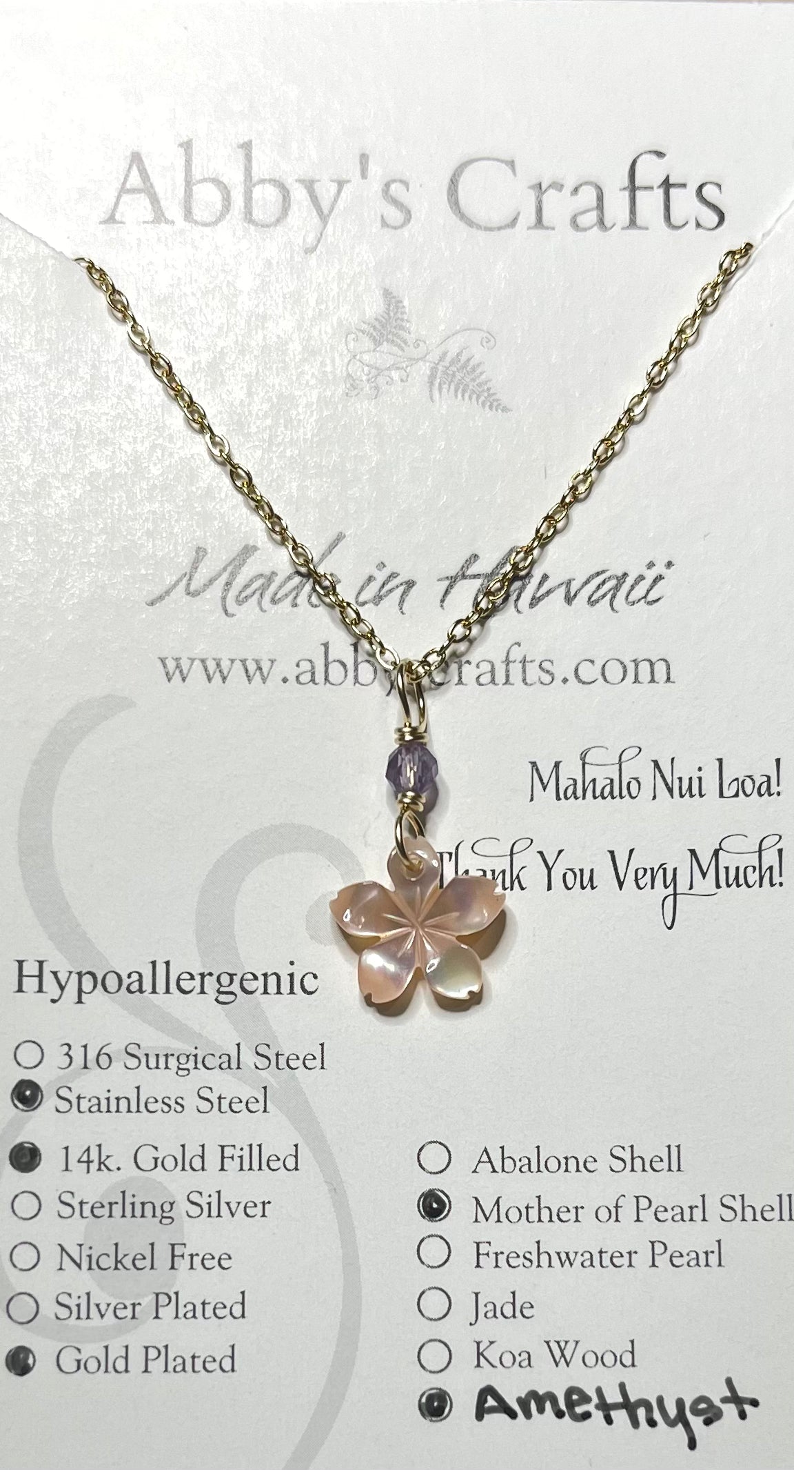 Pink plumeria flower with amethyst stainless Gold Necklace