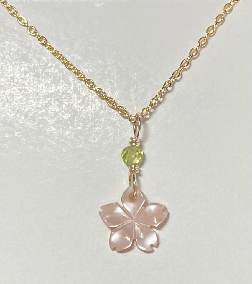 Pink Plumeria Flower with Peridot Gold Necklace – Abby's Crafts