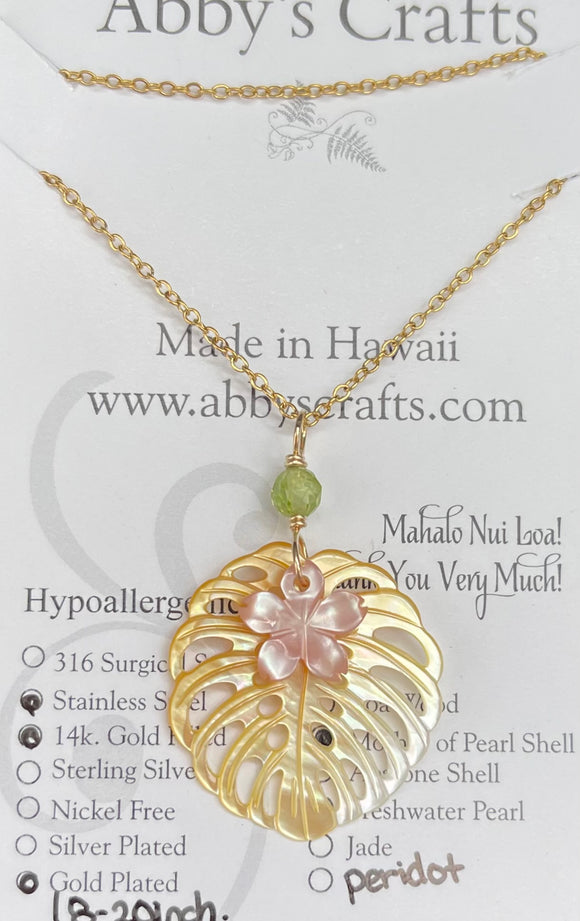 Yellow Monstera & Pink Flower with Peridot Gold Necklace