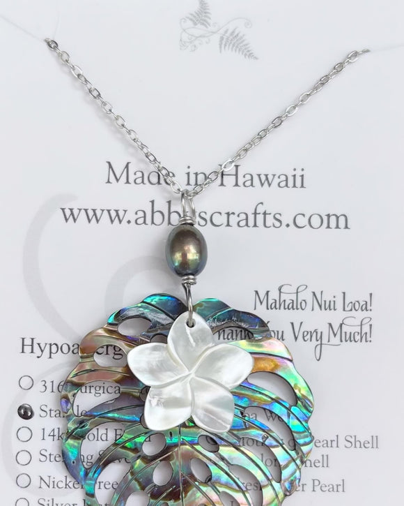 Monstera Leaf &Flower with Pearl Silver Necklace