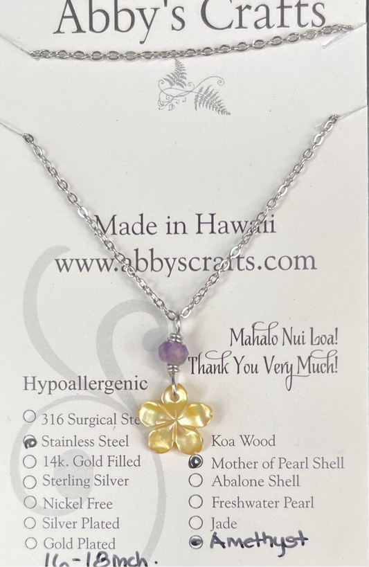 Yellow Plumeria Flower with Amethyst Silver Necklace