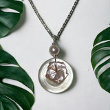 Plumeria flowers pink and white Mother of Pearl Shell silver Necklace