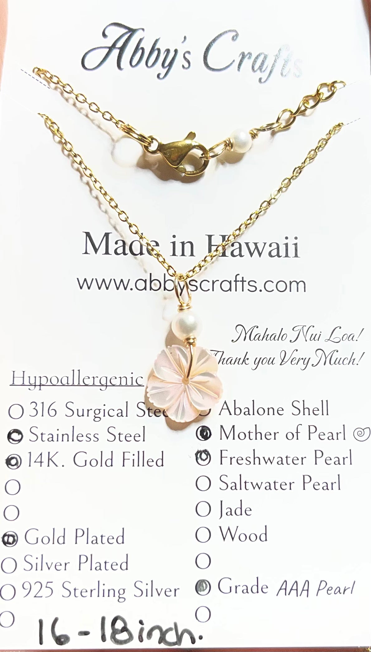 Hibiscus Flower Pink Mother of Pearl Shell with white Freshwater Pearl Gold Necklace.