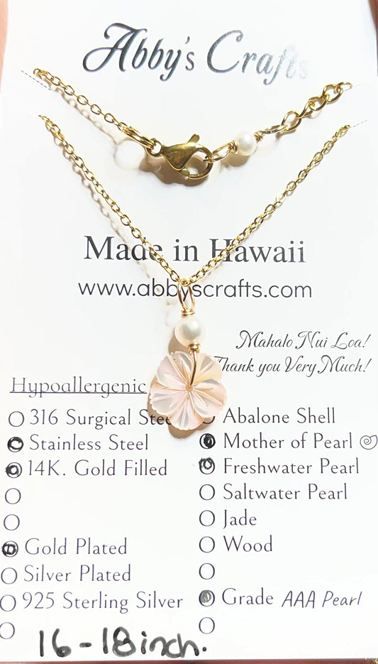 Hibiscus Flower Pink Mother of Pearl Shell with white Freshwater Pearl Gold Necklace.