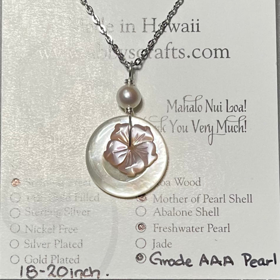 Plumeria flowers pink and white Mother of Pearl Shell silver Necklace ...