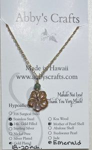 Hibiscus Flower Mother of Pearl Shell Necklace with Emerald Gold