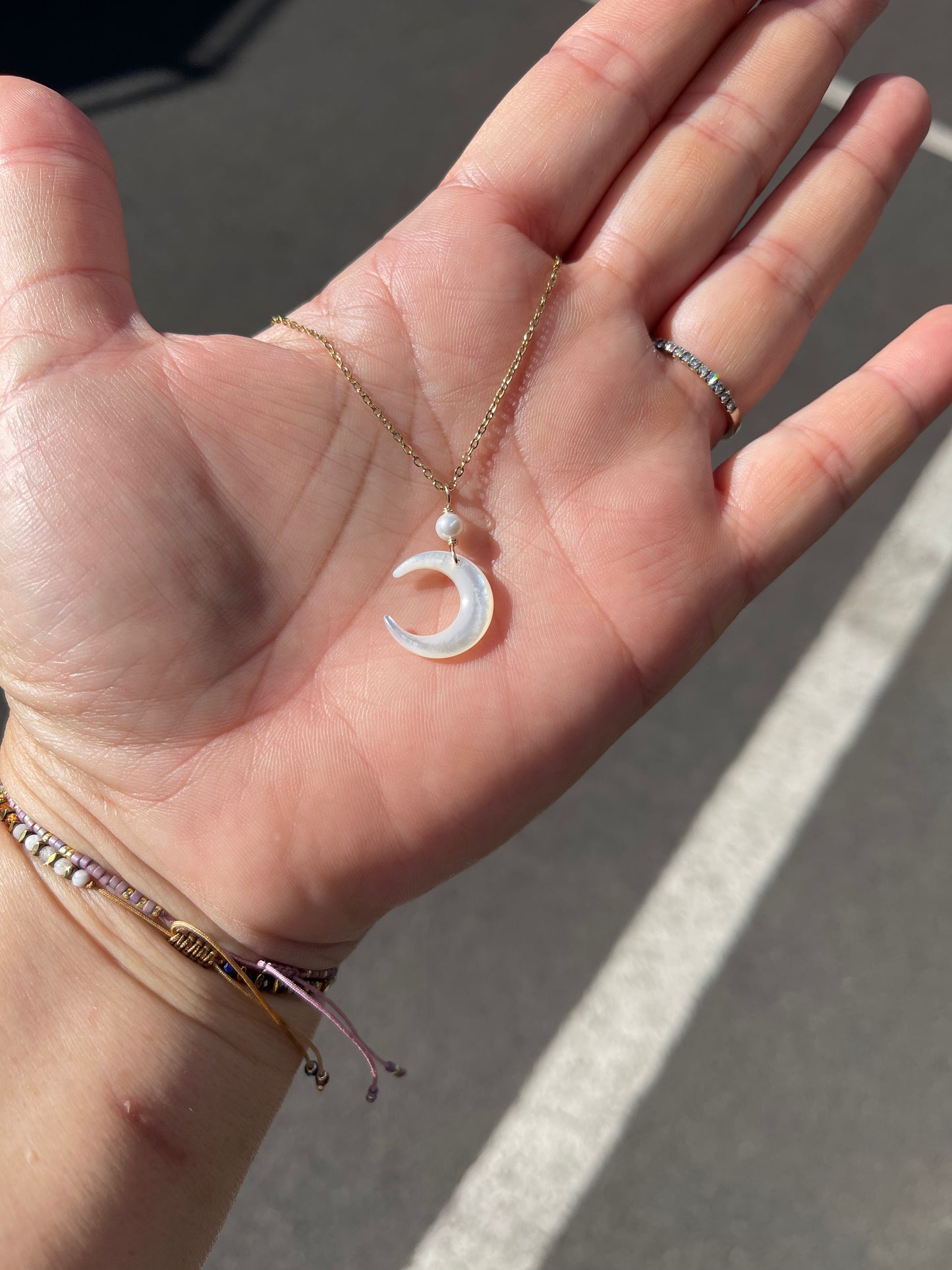Moon White Mother of Pearl Shell with white Freshwater pearl Gold Necklace