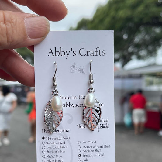 White Pearl with Leaf Silver Earrings