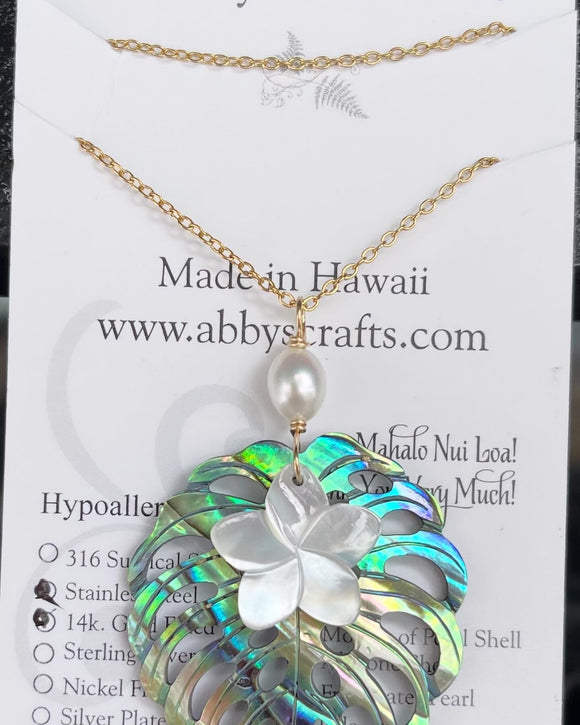 Monstera Leaf & Flower with Pearl Gold Necklace