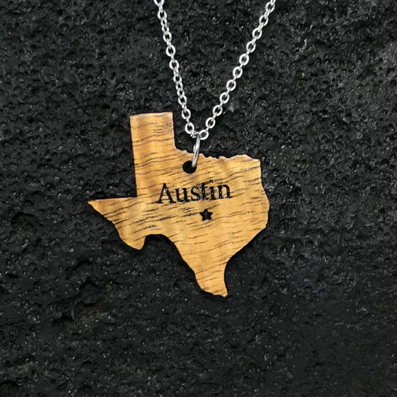 Austin Texas Koa Wood Silver Necklace