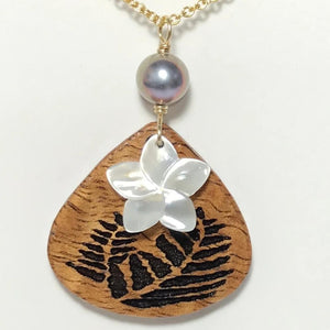 Koa Wood Broad Teardrop Shaped Fern Engraved Pendant with Plumeria Flower Shape Carved Shell and Dark Pearl Necklace