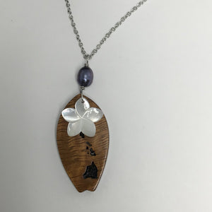 Koa Wood Hawaii Island Engraved Surfboard shape Pendant with Plumeria Flower Carved Shell and Dark Pearl Necklace