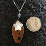 Koa Wood Hawaii Island Engraved Surfboard shape Pendant with Plumeria Flower Carved Shell and Dark Pearl Necklace