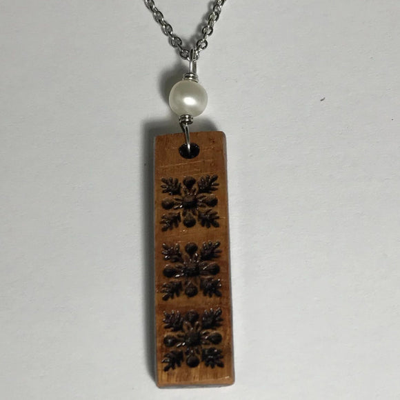 Koa Wood Hawaiian Quilt Pattern Inspired Pendant with White Pearl Necklace