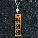Koa Wood Hawaiian Quilt Pattern Inspired Pendant with White Pearl Necklace