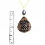 Koa Wood Pineapple Engraved Teardrop Shaped Pendant with Dark Pearl Necklace - Gold