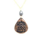 Koa Wood Pineapple Engraved Teardrop Shaped Pendant with Dark Pearl Necklace - Gold