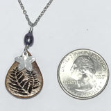 Koa Wood Teardrop Shaped Fern Engraved Pendant with Plumeria Flower Shaped Carved Shell Pendant and Dark Pearl Necklace