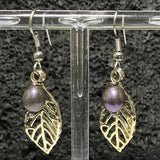 Maile Leaf Shaped Dangle Fish Hook Earings with Dark Color Pearls