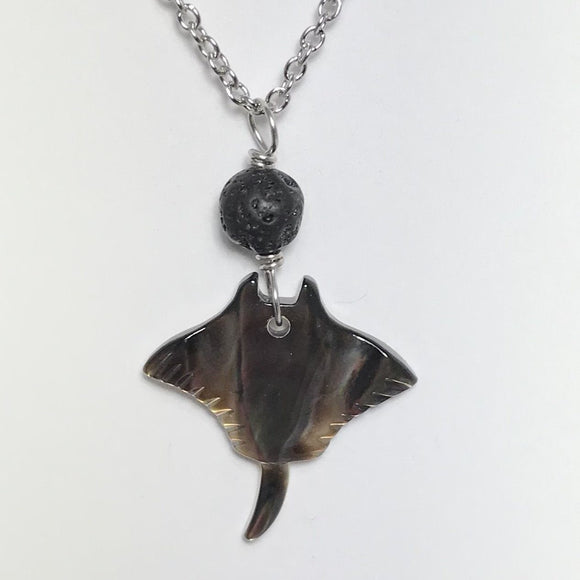 Manta Ray with Lava Rock Silver Necklace