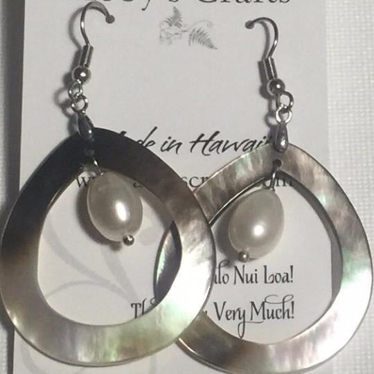 Teardrop Earrings Mother of Pearl Shell and White Freshwater Pearl